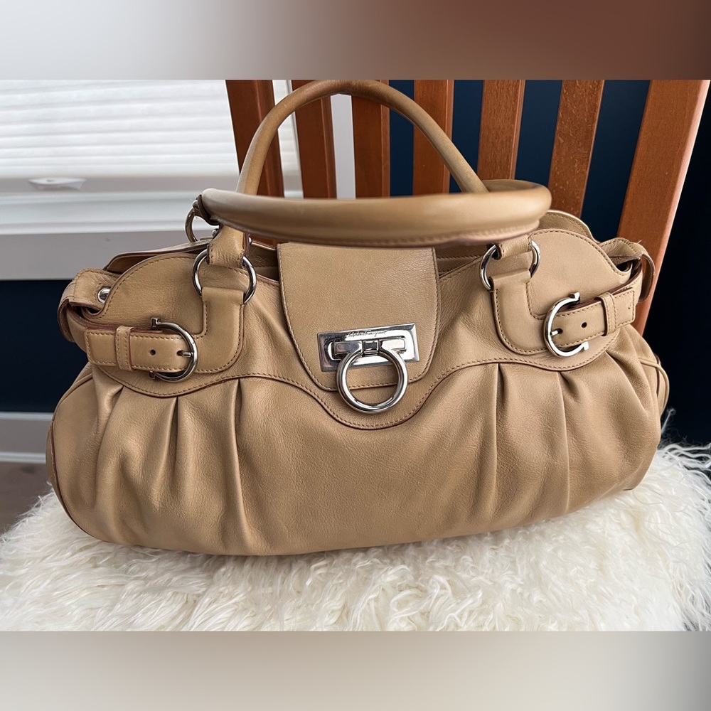 Salvatore Ferragamo Tan Leather Satchel with Silver Hardware